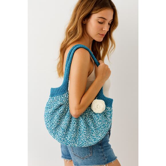 Crochet Market Bag Blue White Floral Detail Two Handle Handmade Boho Hippie - Picture 1 of 10